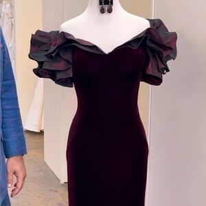 Teri Jon Deep Burgundy Velvet Gown with Ruffled Sleeves
